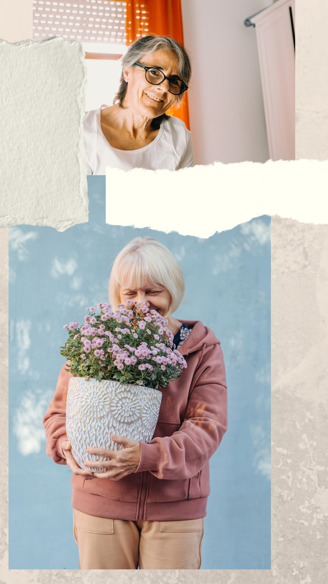 femme qui tient un gros pot de fleurs dans ses bras et qui respire leurs parfums